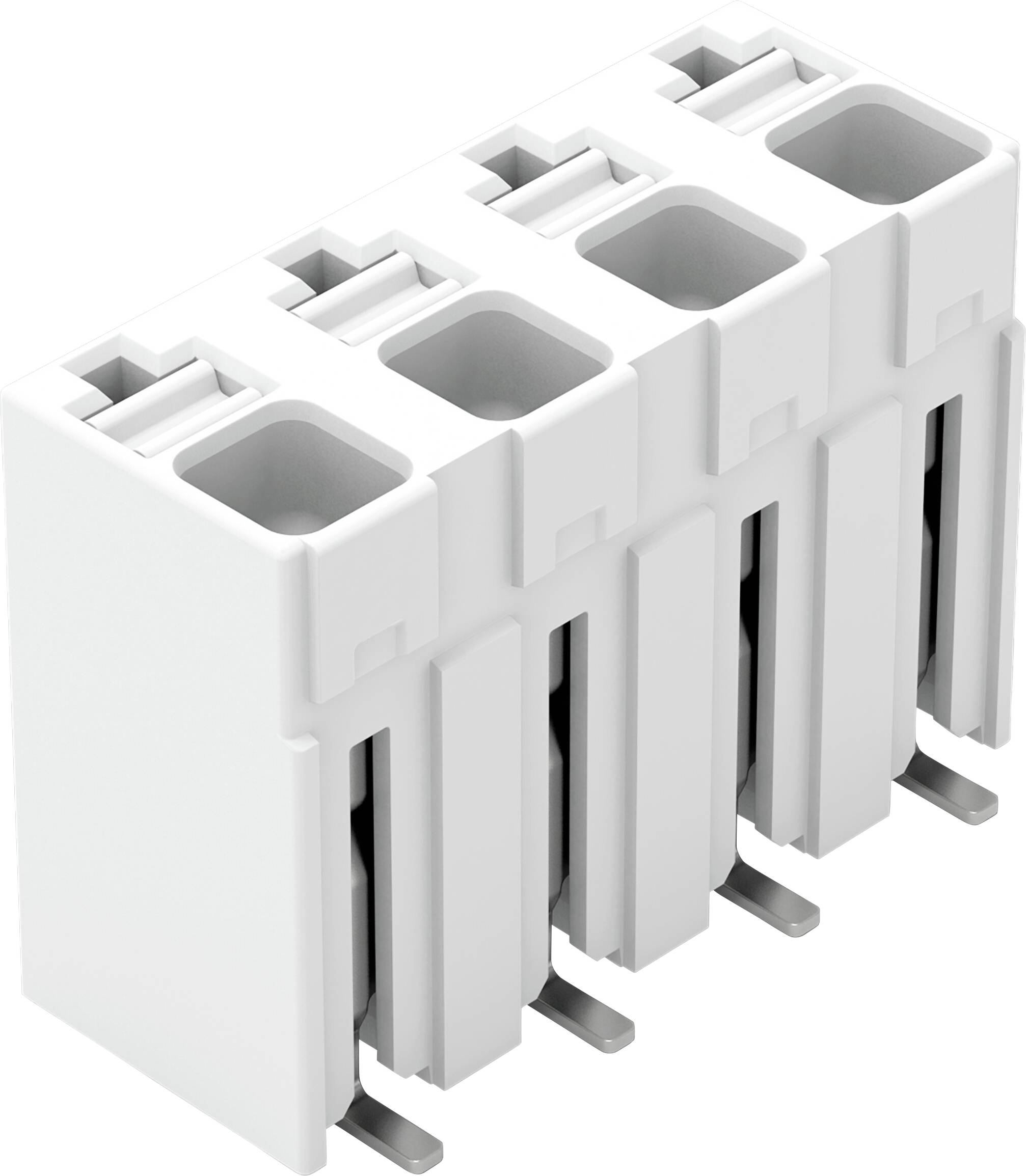 Un bloc de bornes blanc à quatre positions avec des fentes verticales pour connecter les fils dans un circuit électrique ou électronique.