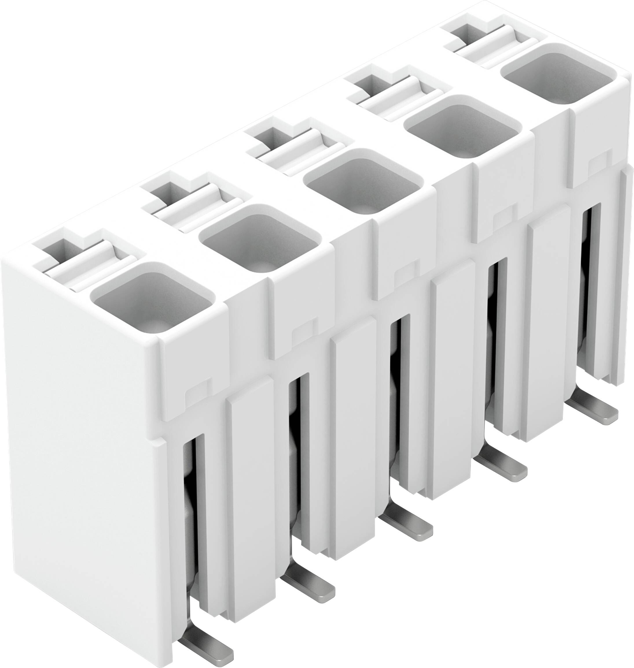 Un connecteur électrique blanc à cinq bornes avec des ouvertures pour l'insertion de fils, adapté pour sécuriser les connexions électriques dans les circuits.