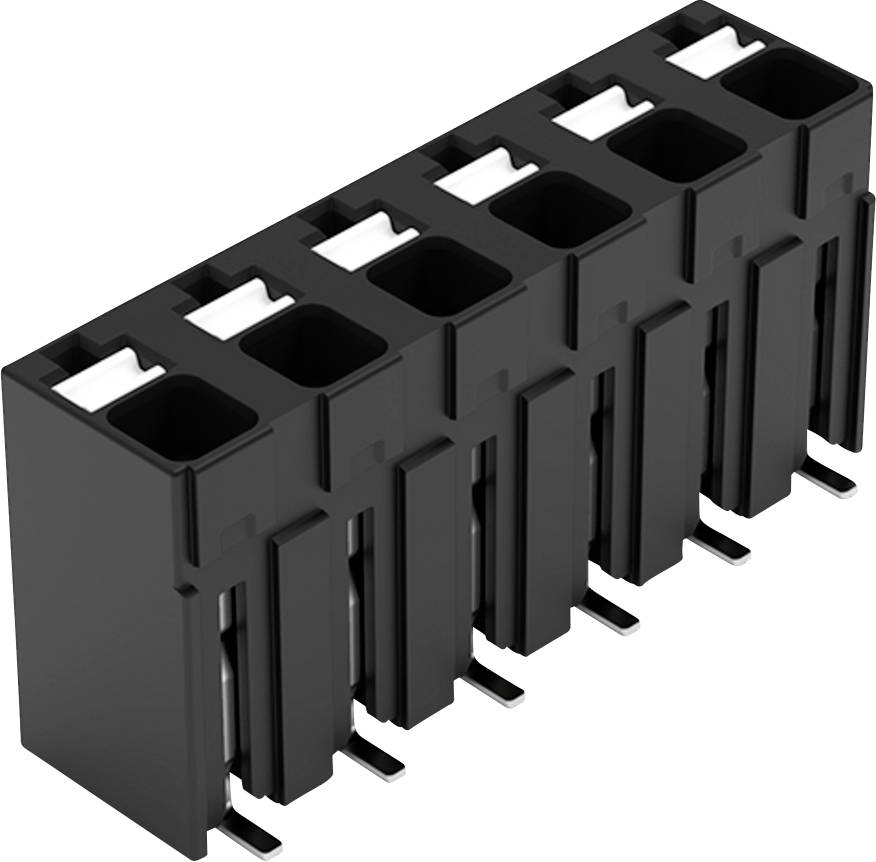 Un bloc connecteur noir à 8 broches avec un arrangement de broches décalé et des boîtiers rectangulaires, conçu pour les circuits électroniques.
