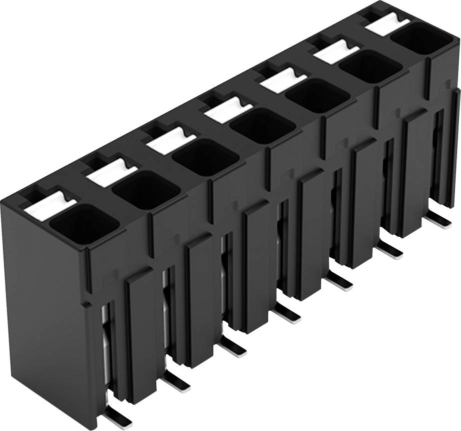 Connecteur électrique noir avec plusieurs fentes, conçu pour les applications de cartes de circuit, montrant des broches métalliques pour un attachement sécurisé.