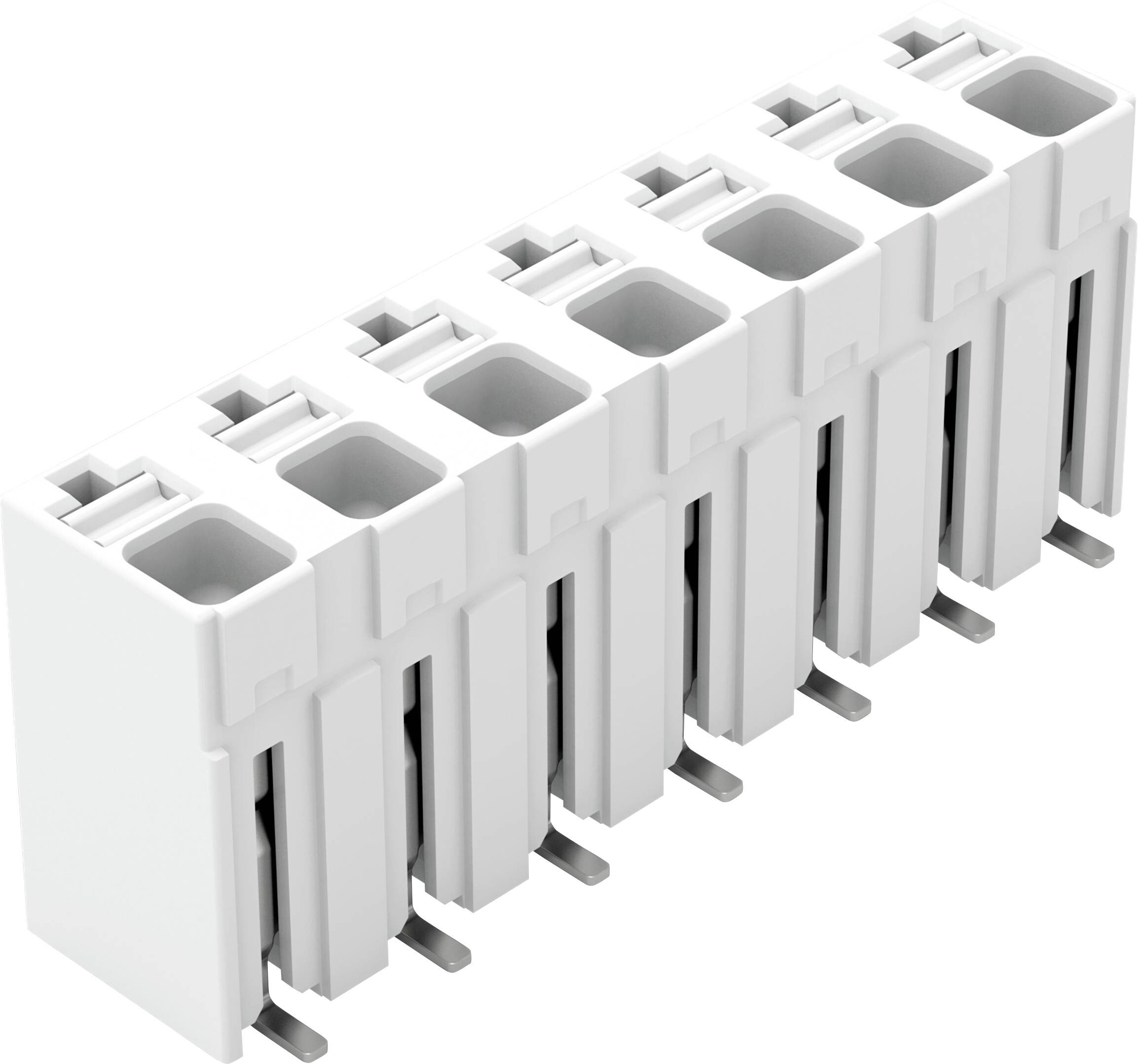 Un connecteur électrique blanc avec huit emplacements, conçu pour être monté sur une carte de circuit, montré d'une vue de dessus en angle.