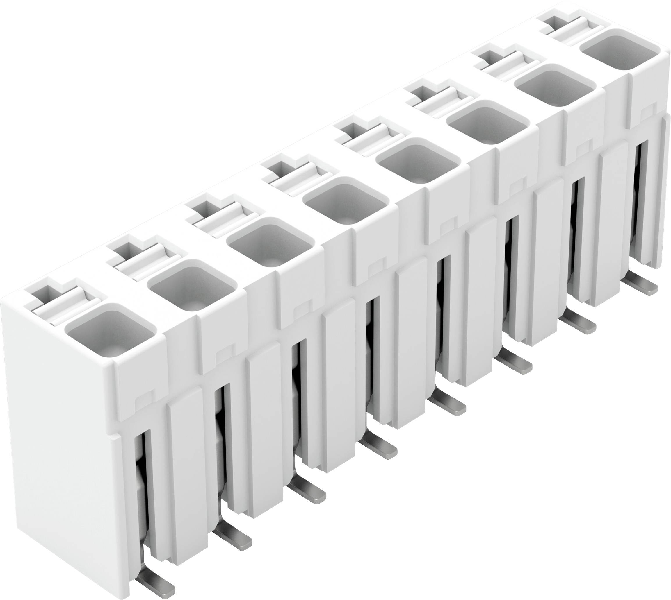 Un connecteur électrique blanc à 10 broches de forme rectangulaire, doté d'une rangée de fentes pour l'insertion de fils. Convient aux cartes de circuit.