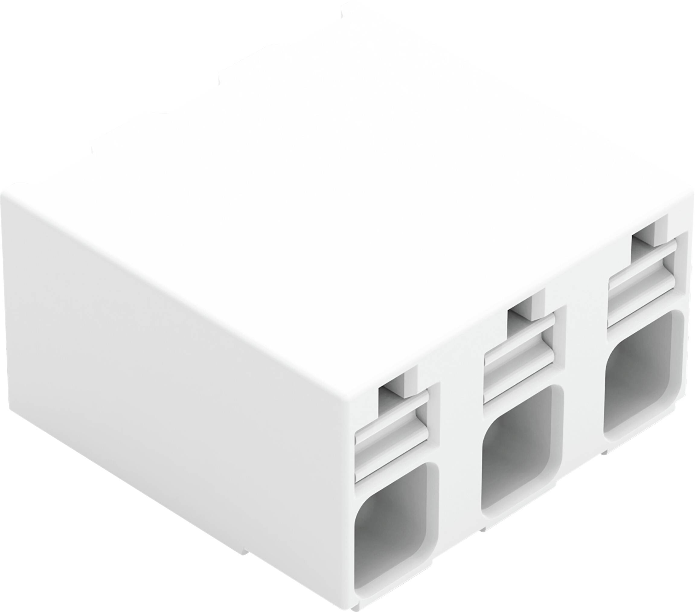 Un bloc de bornes 3 pôles utilisé pour les connexions électriques, doté de trois fentes pour l'insertion de fils et d'un design simple et compact.