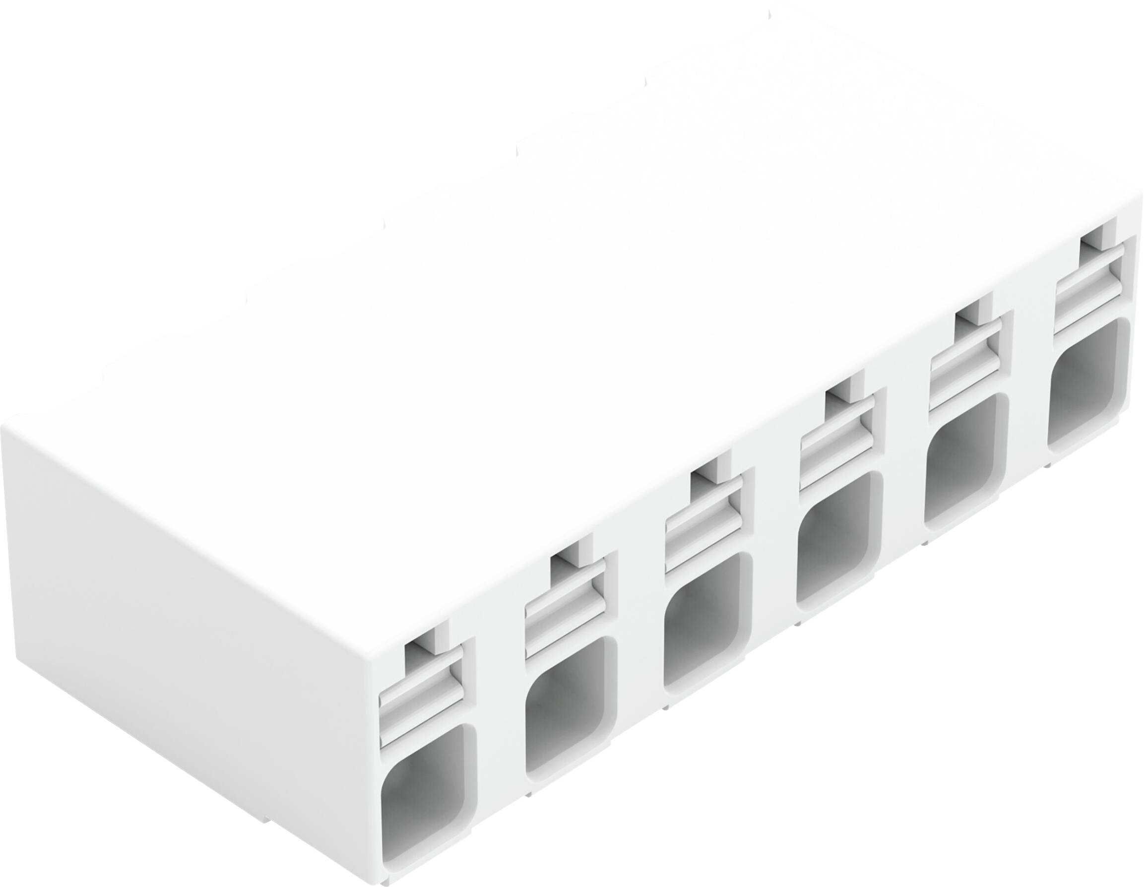 Un bloc de bornes électriques rectangulaire blanc avec six emplacements individuels pour les connexions de fil.