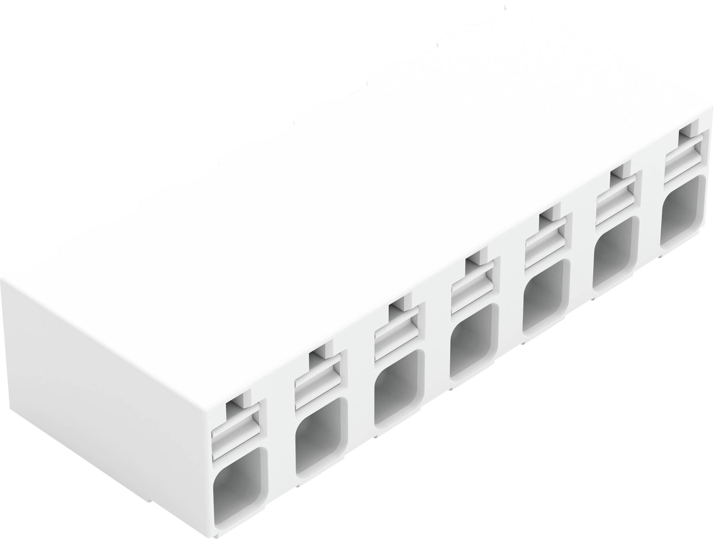 Un connecteur électrique rectangulaire noir avec quatre ports sur un côté. Chaque port est équipé d'un mécanisme de verrouillage blanc pour sécuriser les connexions.