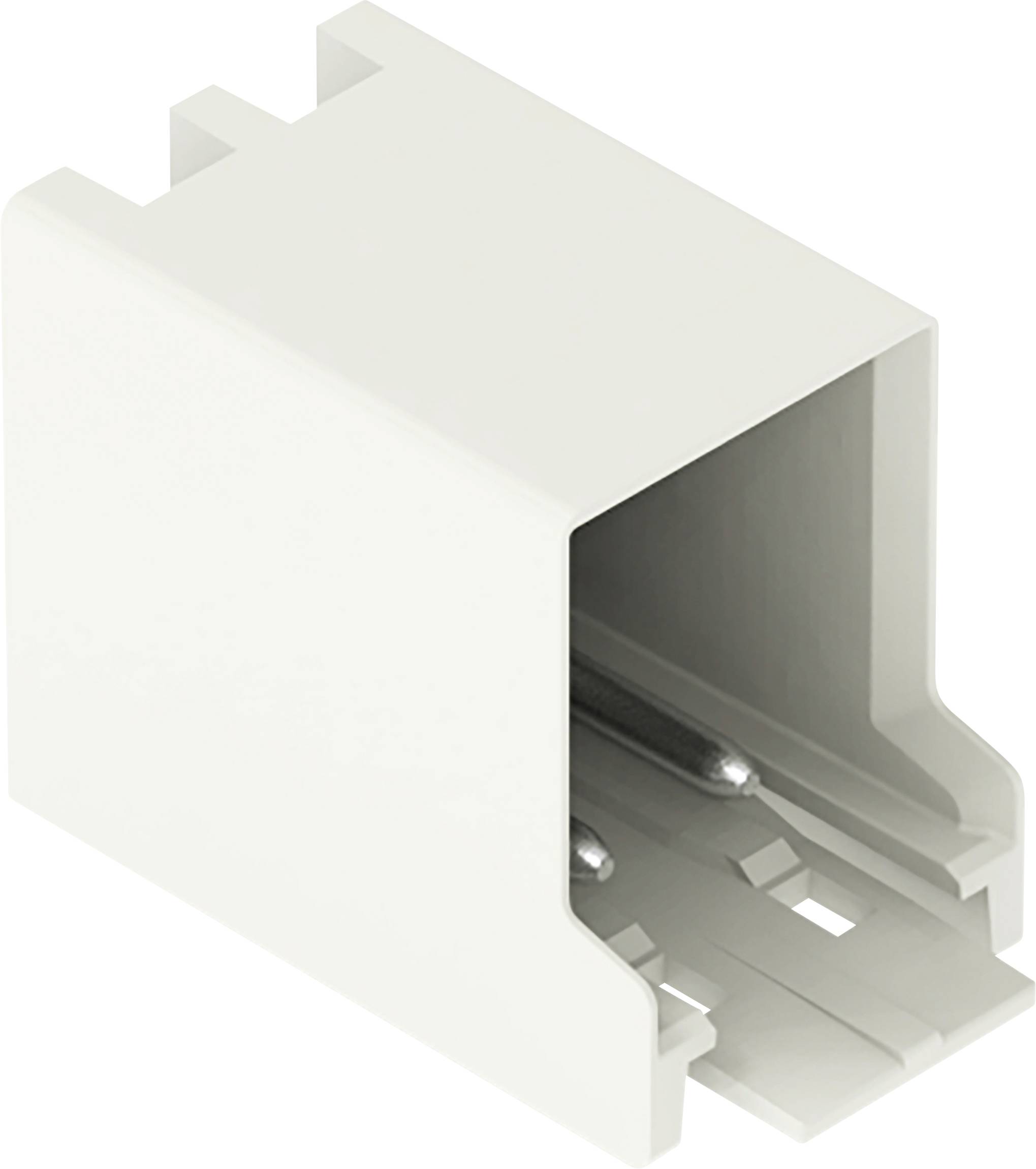 Un composant en plastique blanc, rectangulaire, avec les côtés ouverts et des rainures de montage, probablement utilisé comme pièce électrique ou structurelle dans les assemblages.