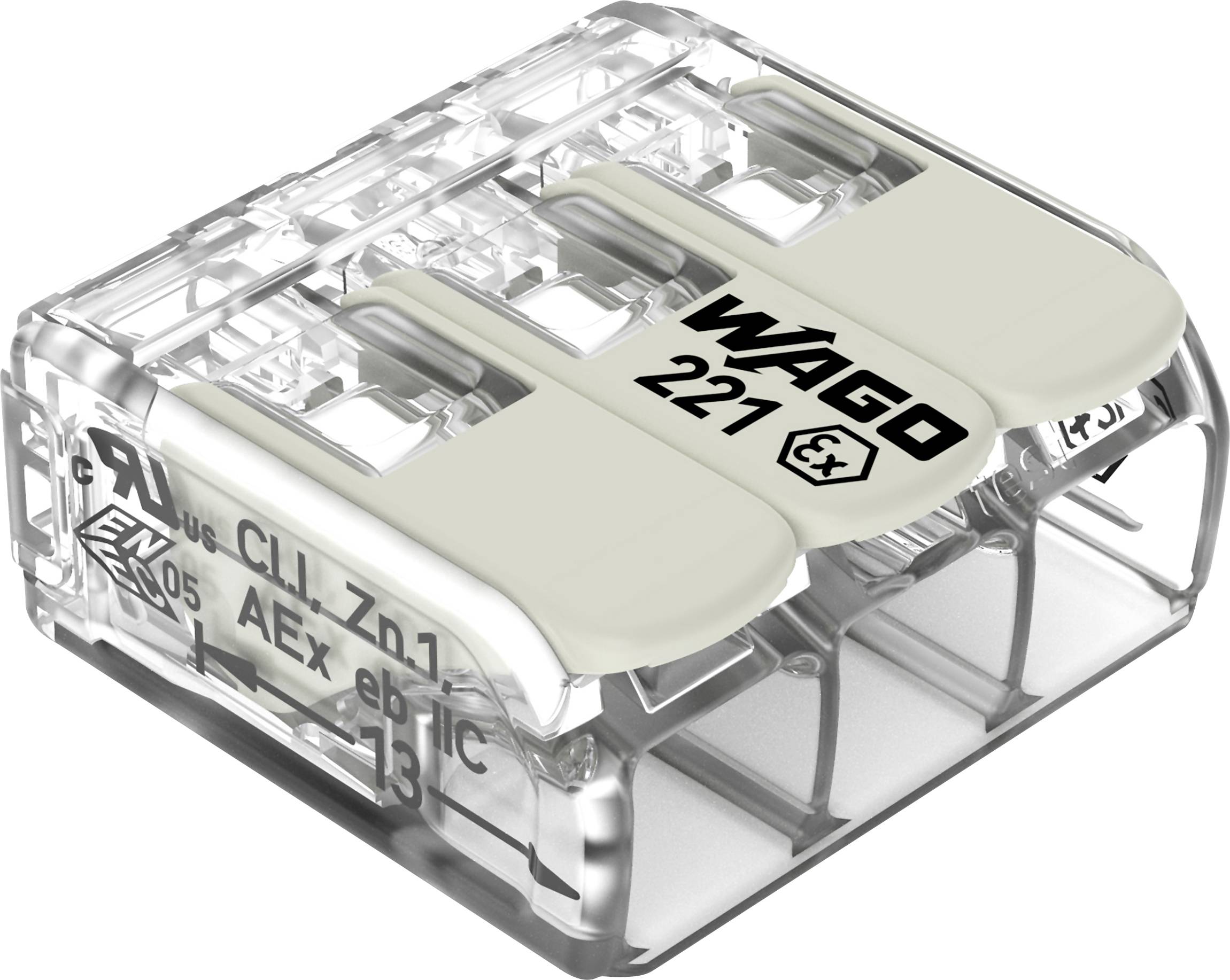 Un connecteur électrique transparent avec trois ports étiqueté « WAGO 221 ». Conçu pour des connexions de fils efficaces et sécurisées.