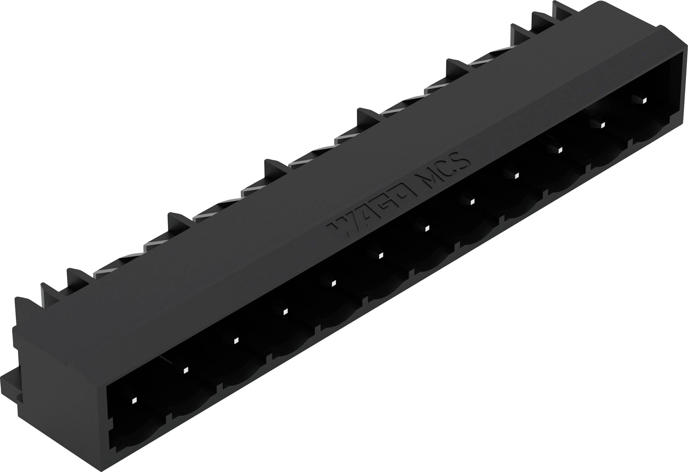 Connecteur 'Würth 1776121' MCS, noir, avec plusieurs emplacements de broches pour les connexions électroniques, isolé sur fond blanc.
