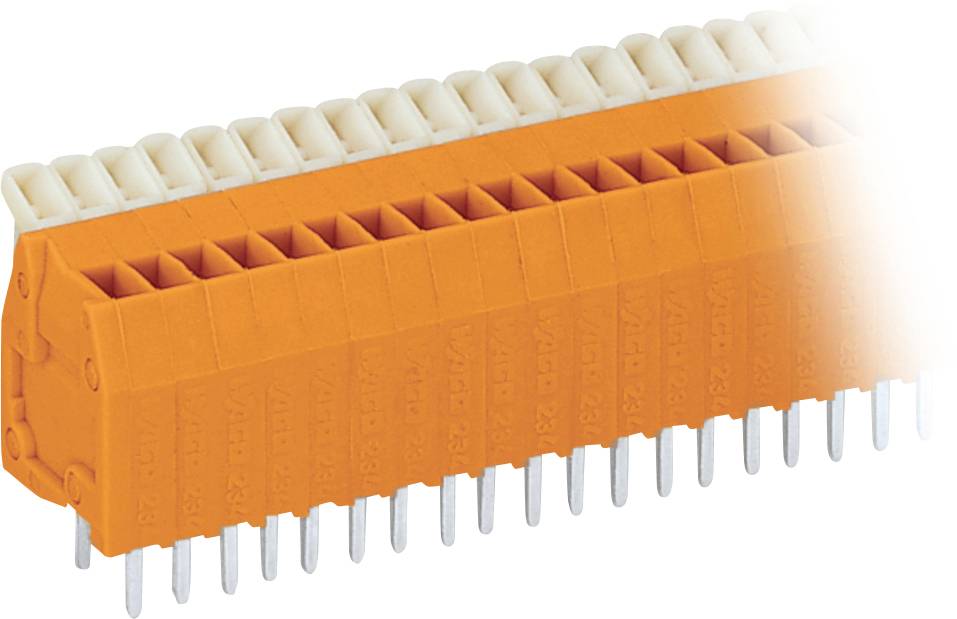 Bloc de connecteurs électriques orange et blanc avec plusieurs fentes de broches, utilisé pour connecter des fils dans les circuits électriques.