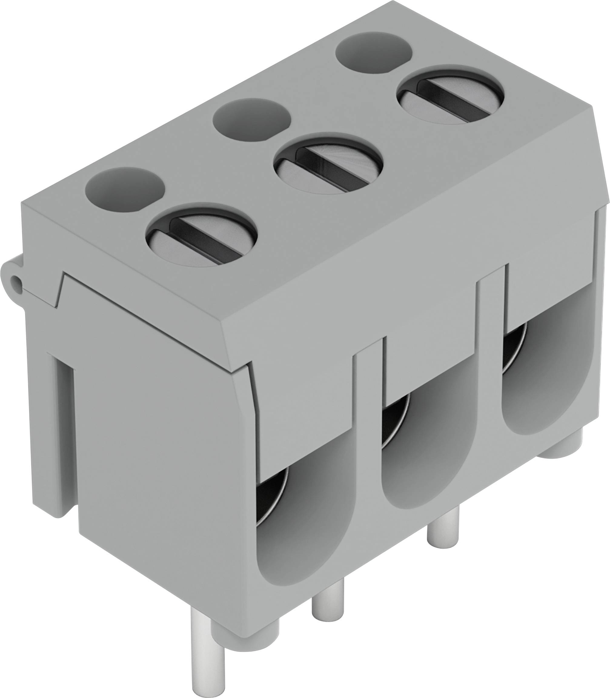 Un connecteur à bouton-poussoir gris à trois positions avec des broches cylindriques s'étendant depuis le bas, utilisé dans le câblage électronique et les connexions.