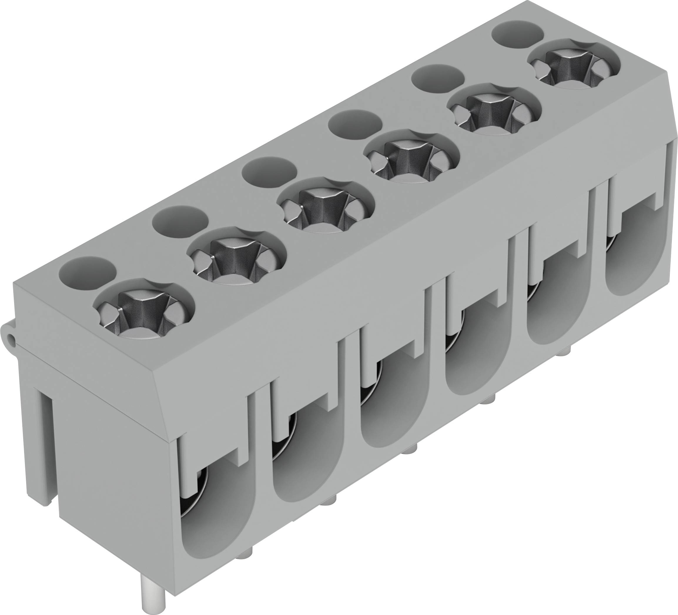 Un bloc connecteur électrique gris à six bornes avec têtes de vis hexagonales, conçu pour fixer les fils dans les assemblages électroniques.