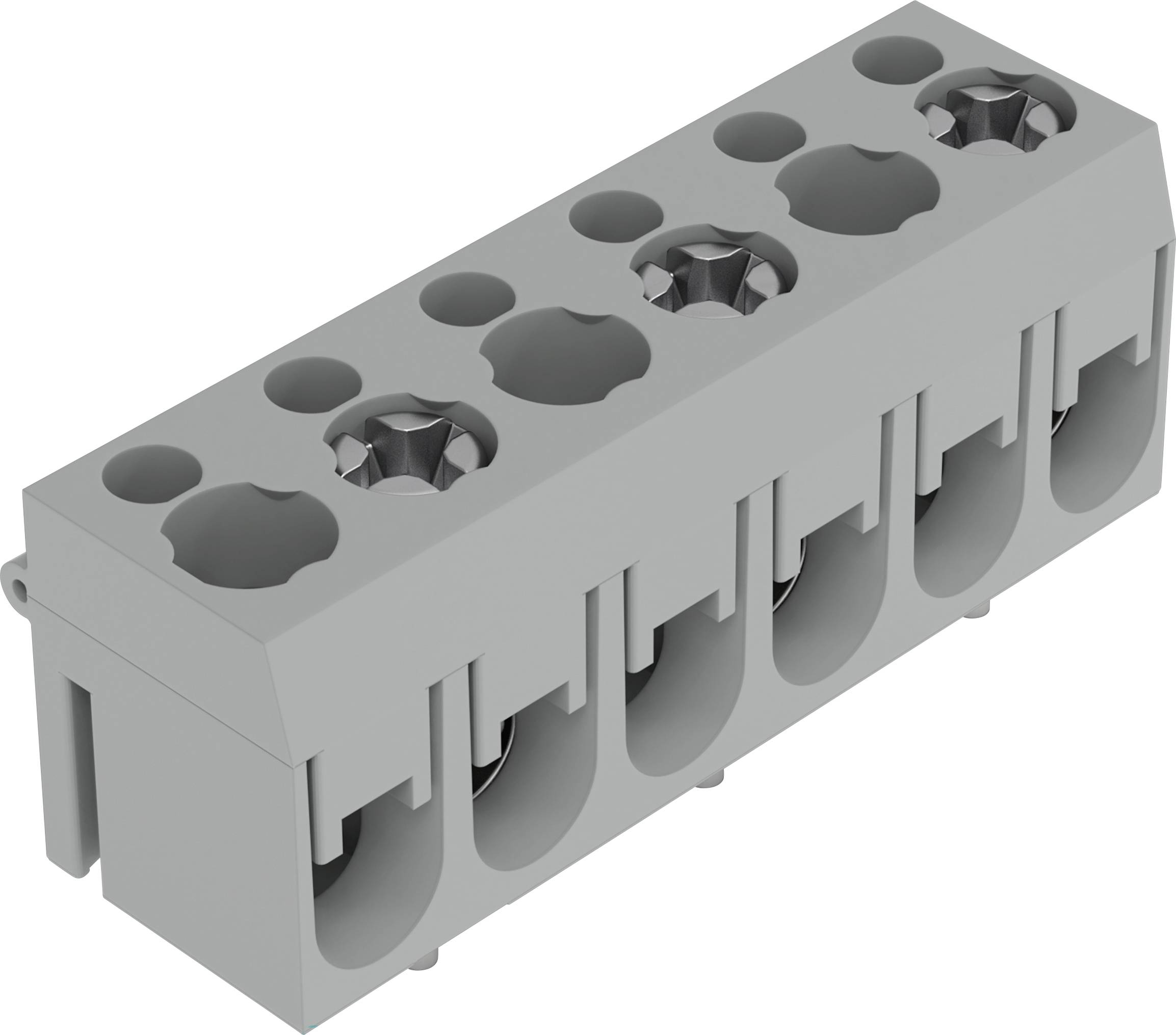 Un bloc de bornes sans vis à six positions avec un boîtier en plastique gris, conçu pour connecter des fils électriques sans outils.