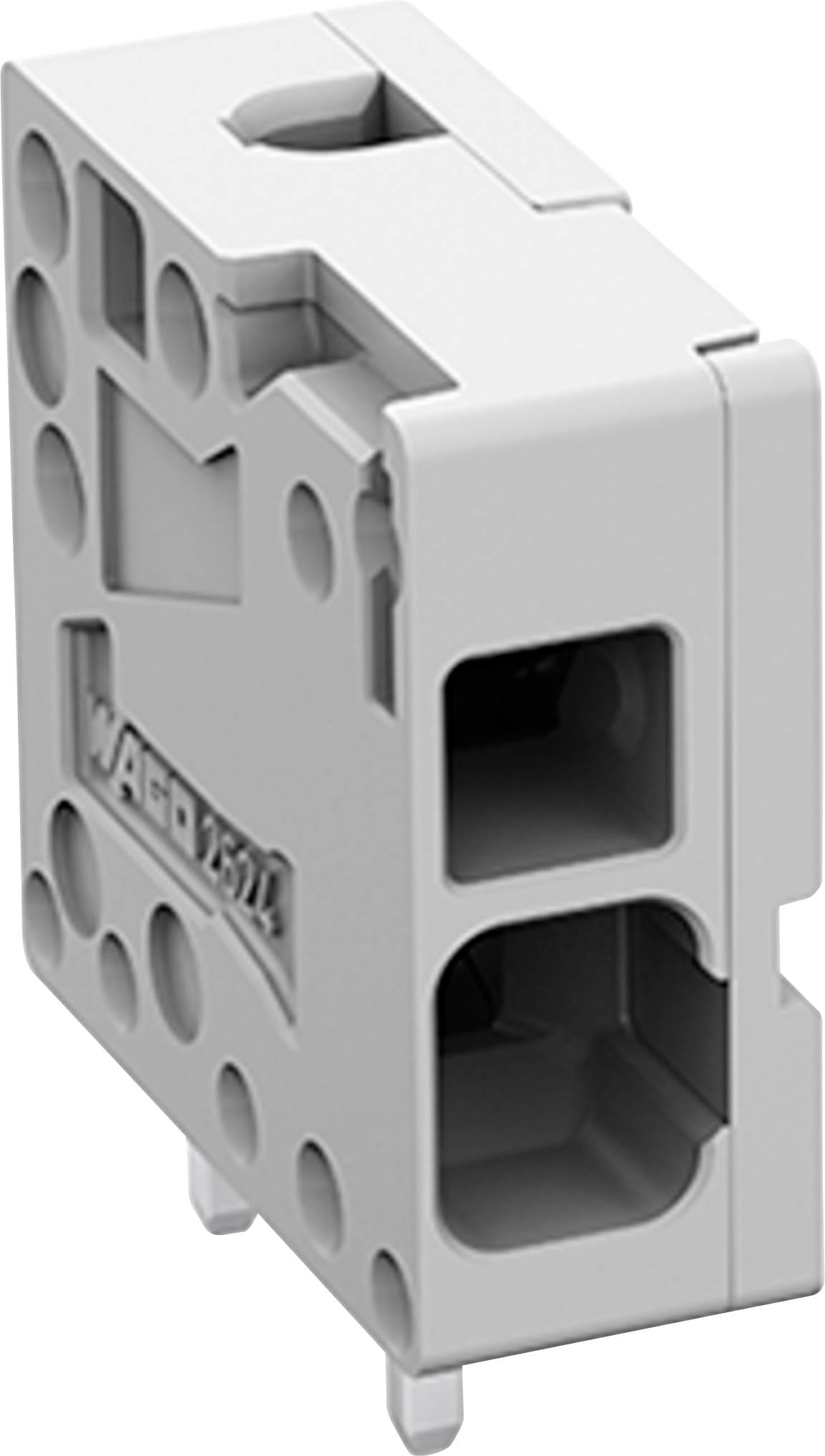 Connecteur électrique rectangulaire en plastique gris avec plusieurs ouvertures circulaires et deux broches métalliques au bas.