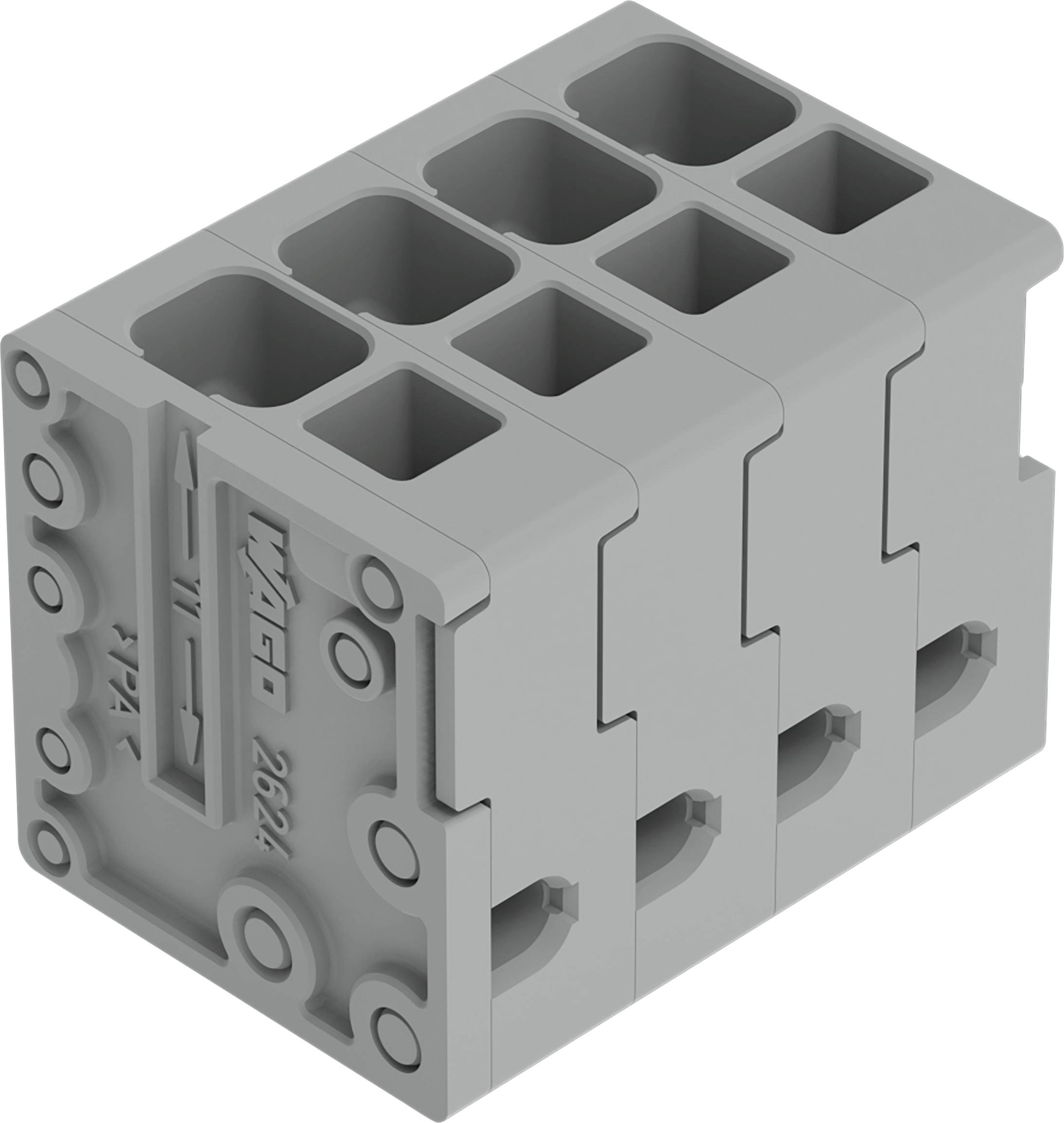 Bloc de connecteurs WAGO gris avec plusieurs ouvertures de bornes, marqué avec des flèches et le numéro de produit 264, utilisé pour le câblage électrique.