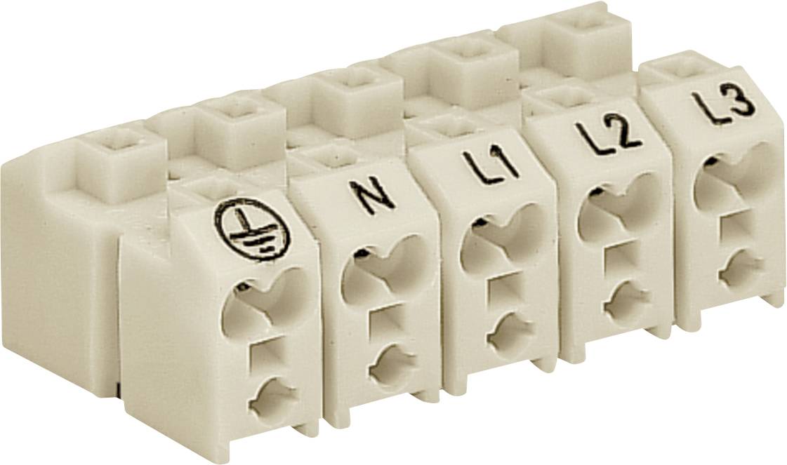 Un bloc connecteur électrique beige avec cinq bornes étiquetées « Ground » (Terre), « N », « L1 », « L2 », « L3 », utilisé pour les connexions de câblage.