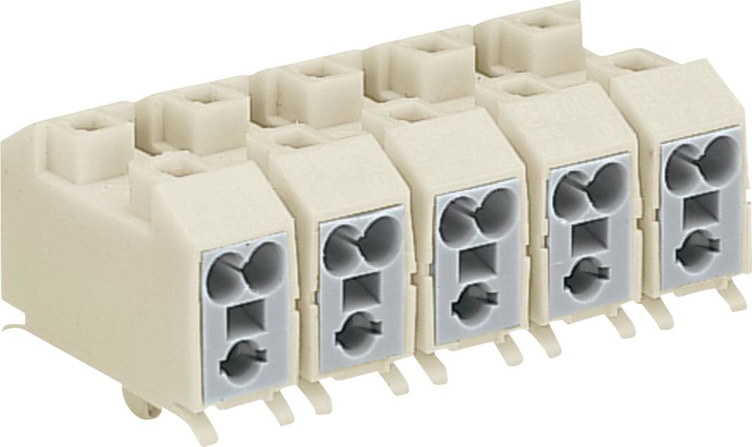 Cinq blocs de bornes électriques beige et gris alignés en rangée, chacun avec deux fentes d'entrée pour connecter des fils, utilisés pour des connexions électriques sécurisées.