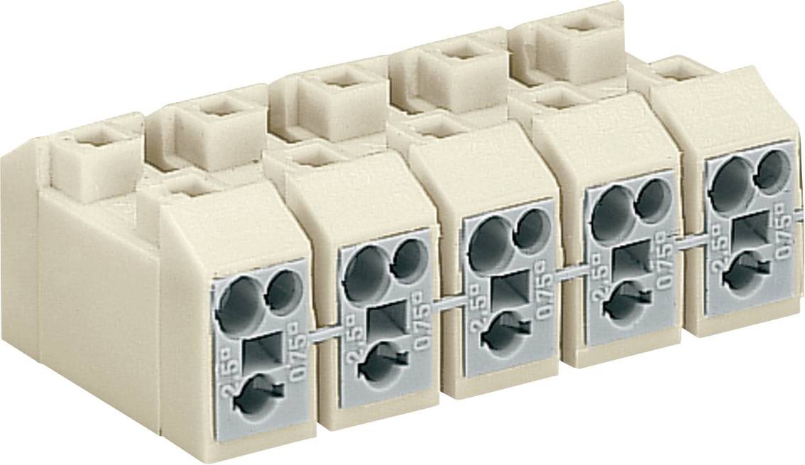 Un bloc de bornes à cinq broches beige avec des ports gris, utilisé pour les connexions électriques, montrant les emplacements d'entrée et les indicateurs numériques.