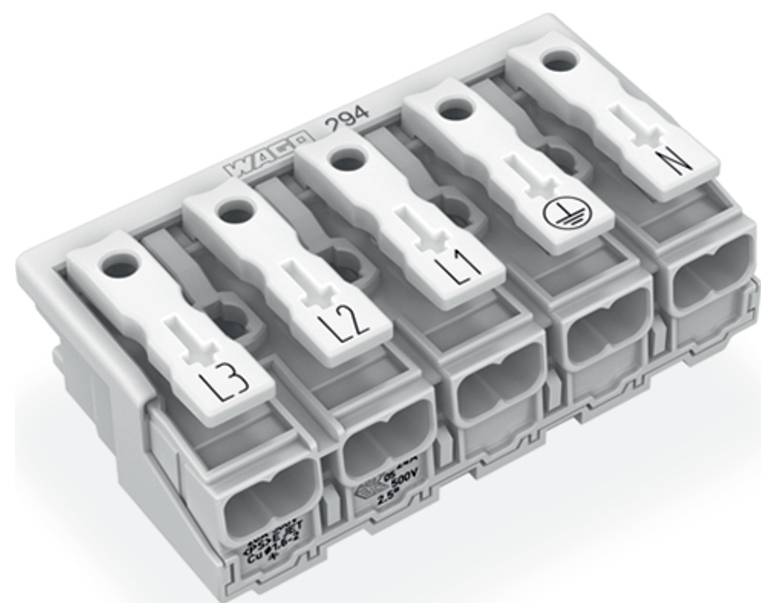 Bloc de connexion électrique WAGO 294 avec cinq connexions étiquetées : L3, L2, L1, terre et neutre, pour assemblages de câblage.