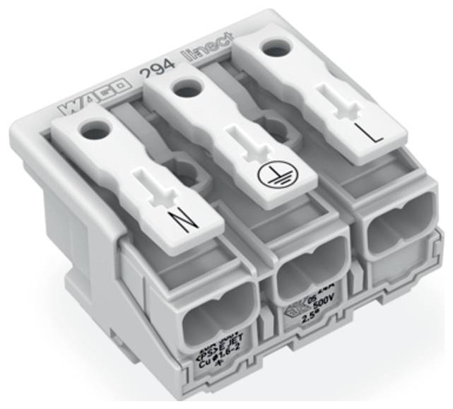 Connecteur électrique avec trois bornes étiquetées : « N », « Terre », « L ». Prévu pour des câbles de 2,5 à 6 mm², 450 V, CUI 60998.