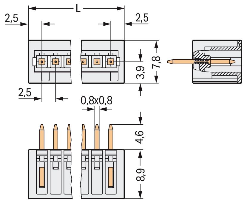 Diagramme technique d'un connecteur avec dimensions annotées : espacement de 2,5 mm, hauteur de 3,9 mm et 7,8 mm, taille de broche de 0,8 mm, hauteur totale de 8,9 mm.