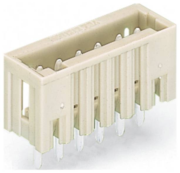A beige plastic electrical connector with multiple metal pins extended at the bottom, used for connecting circuits in electronic devices.