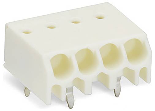 A white, four-hole electrical terminal block with metal connector prongs for circuit connections, shown on a plain background.