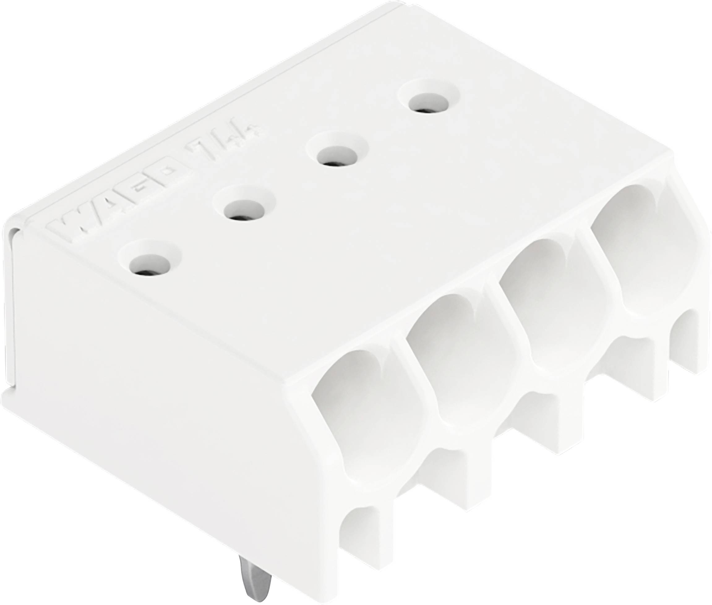 Un connecteur blanc à 4 pôles avec quatre trous sur le dessus et quatre ouvertures à l'avant pour connecter les fils. Le mot « WAGO » apparaît sur le dessus.