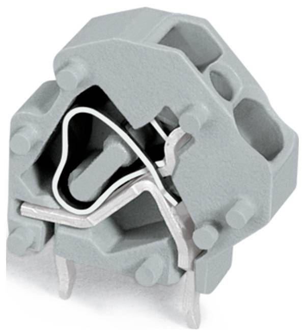 A close-up image of a gray electrical terminal block, showing its metal connections and screw terminals for secure wire attachment.