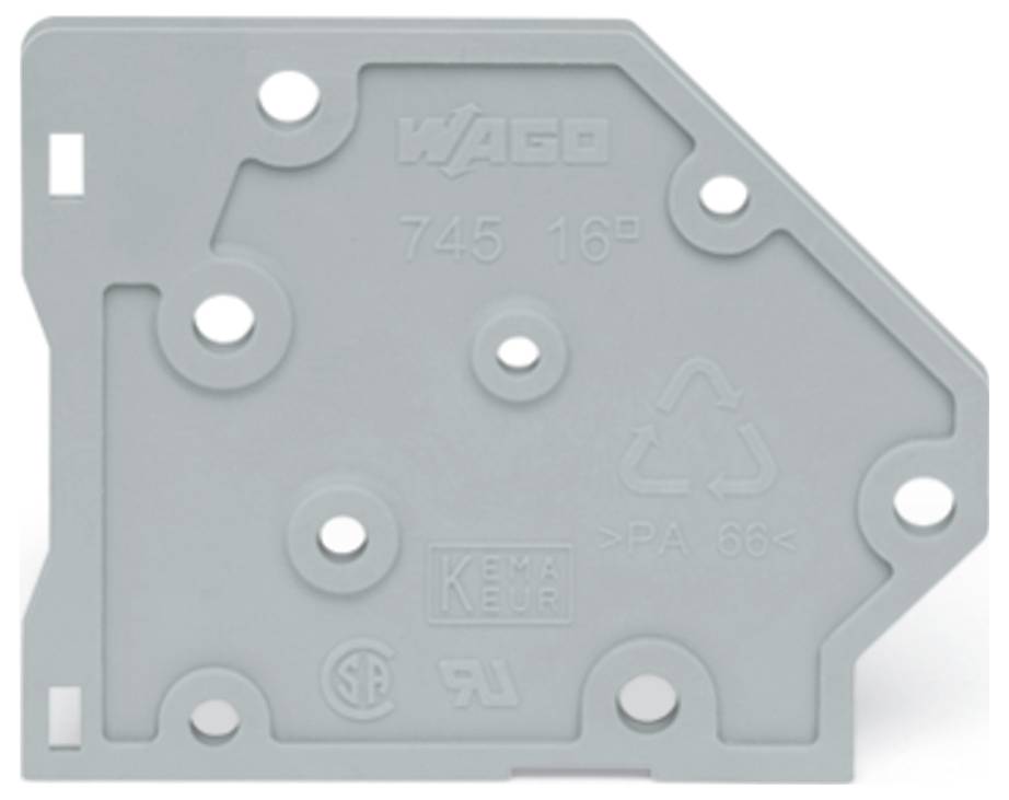 Un composant triangulaire gris avec plusieurs trous circulaires et des symboles en relief, notamment un symbole de recyclage et le texte : « Wago 745 16 ».