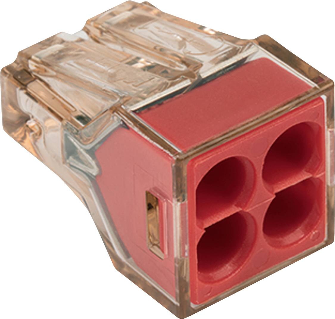 Un connecteur de fil rouge avec quatre fentes et un boîtier transparent, utilisé pour joindre les fils électriques en toute sécurité.