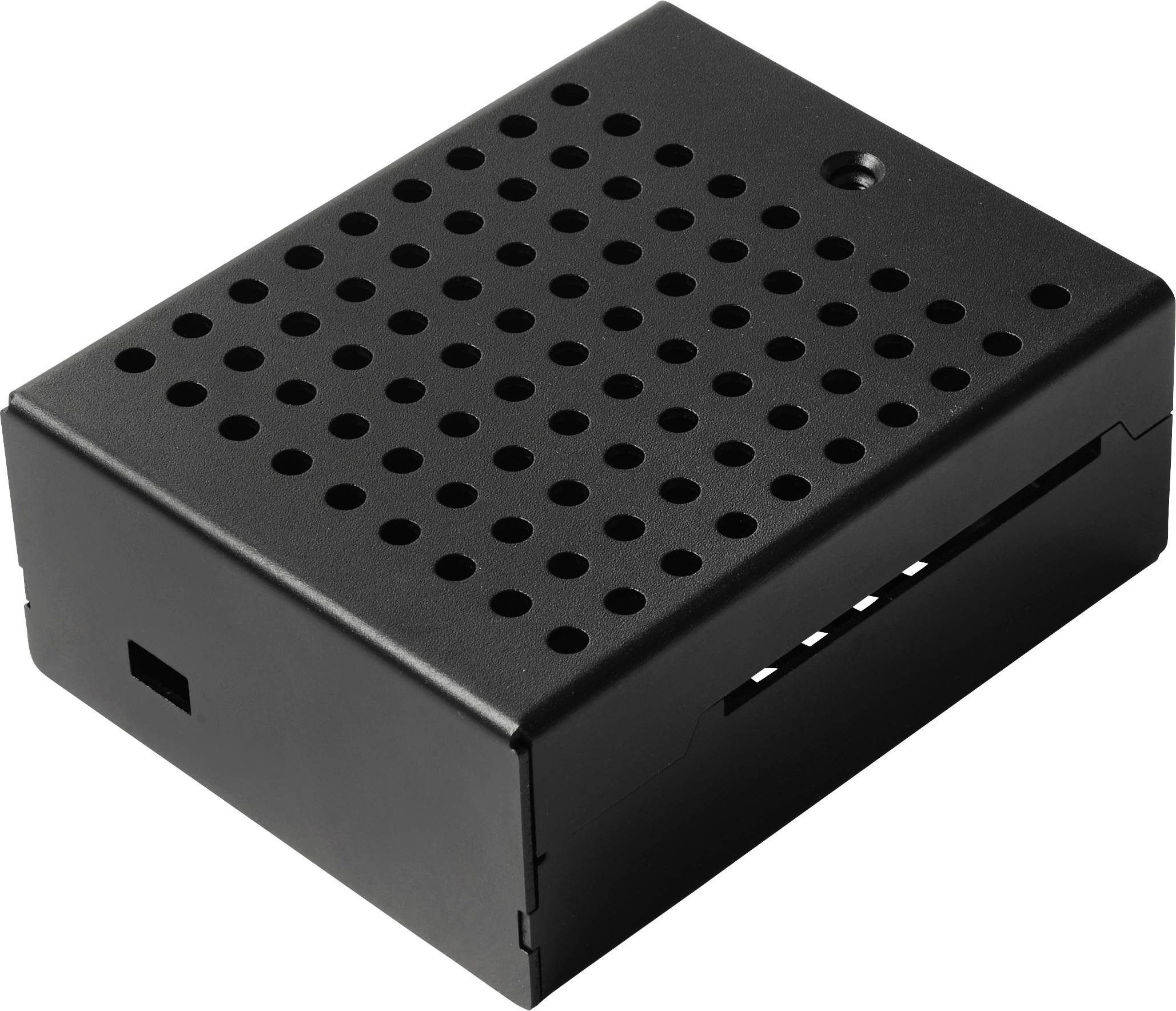 Un boîtier électronique noir aéré avec une grille de trous circulaires sur le dessus et un petit voyant indicateur dans le coin.