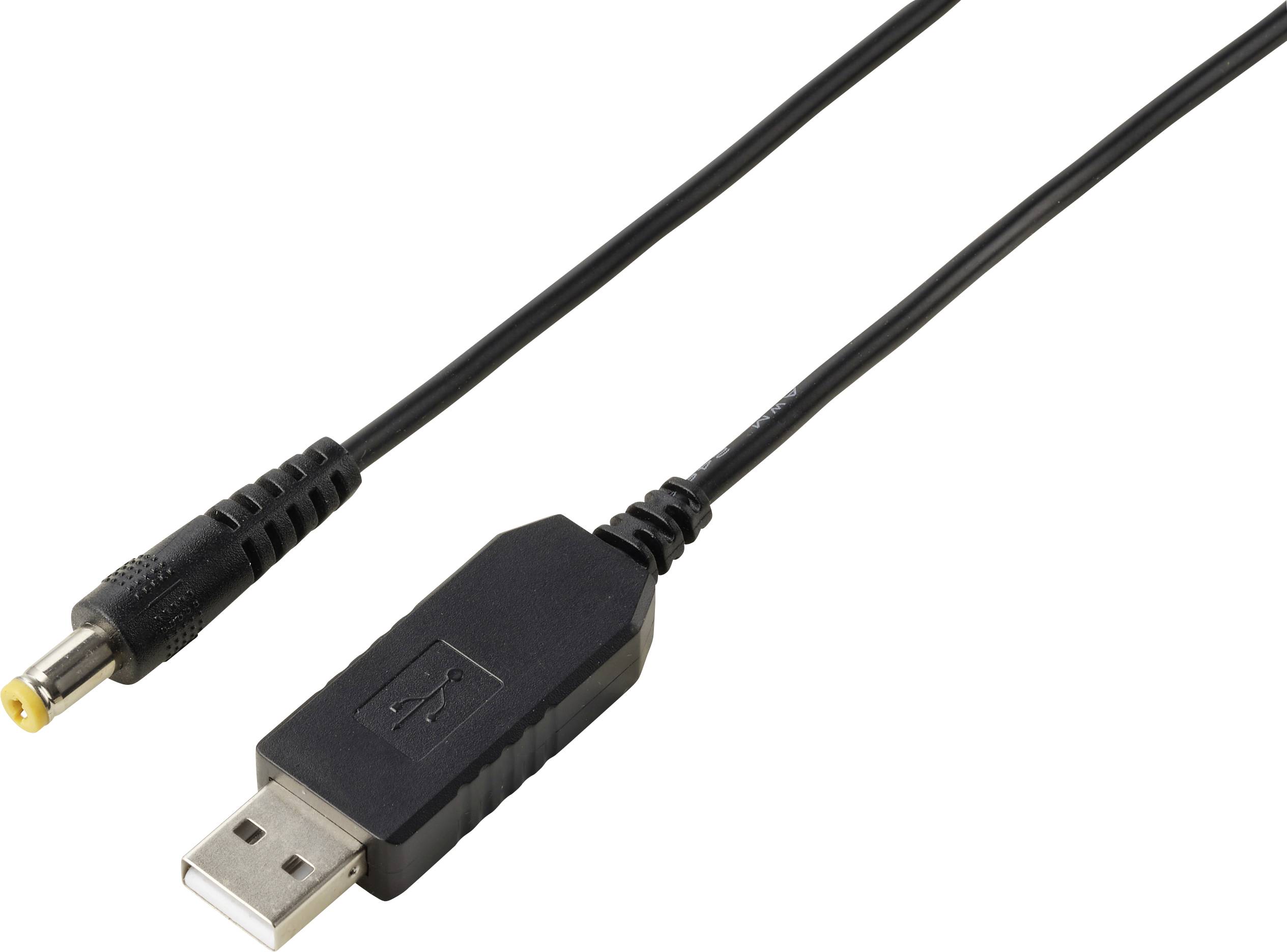 Câble USB avec une prise USB-A standard et un connecteur d'alimentation de style barillet rond sur fond blanc.
