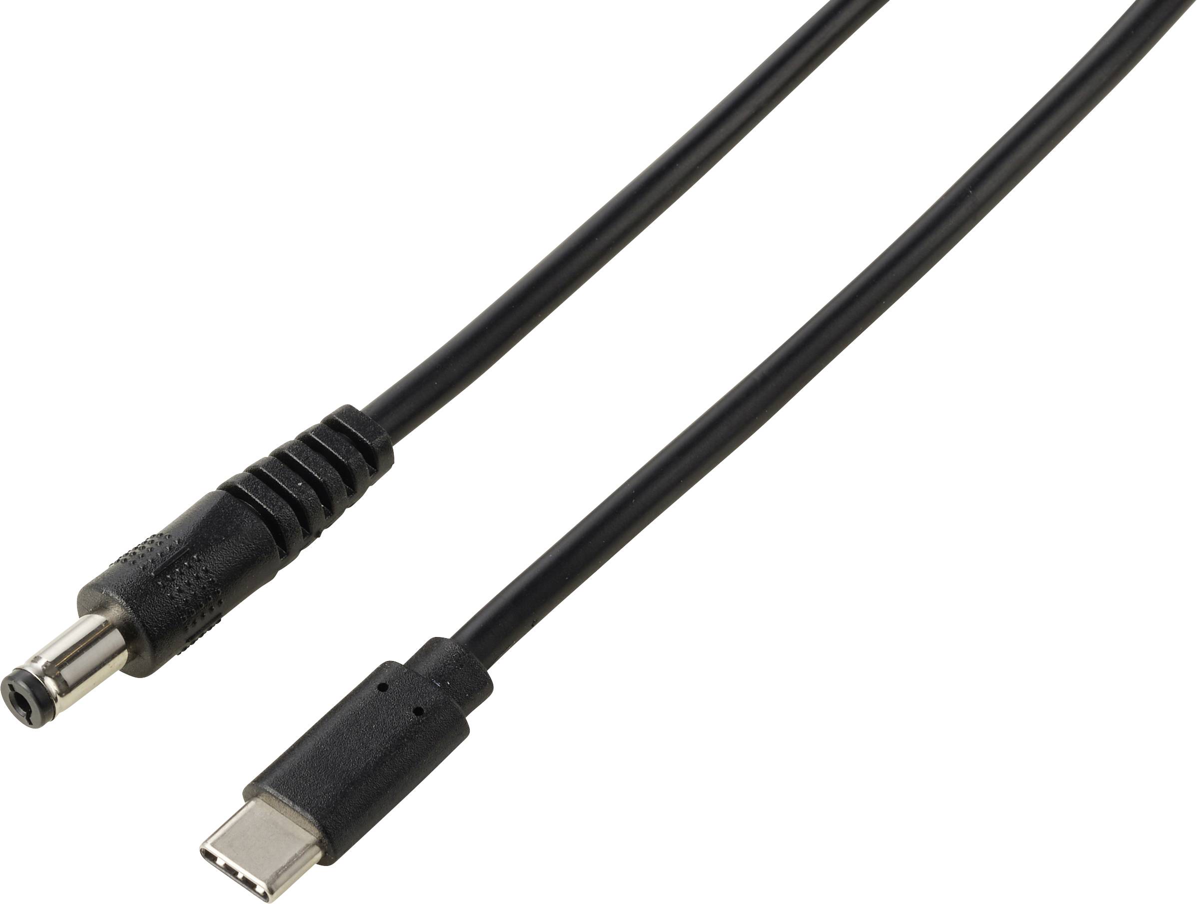 Câble d'alimentation USB-C vers CC noir avec connecteur USB-C d'un côté et connecteur à baril de l'autre.