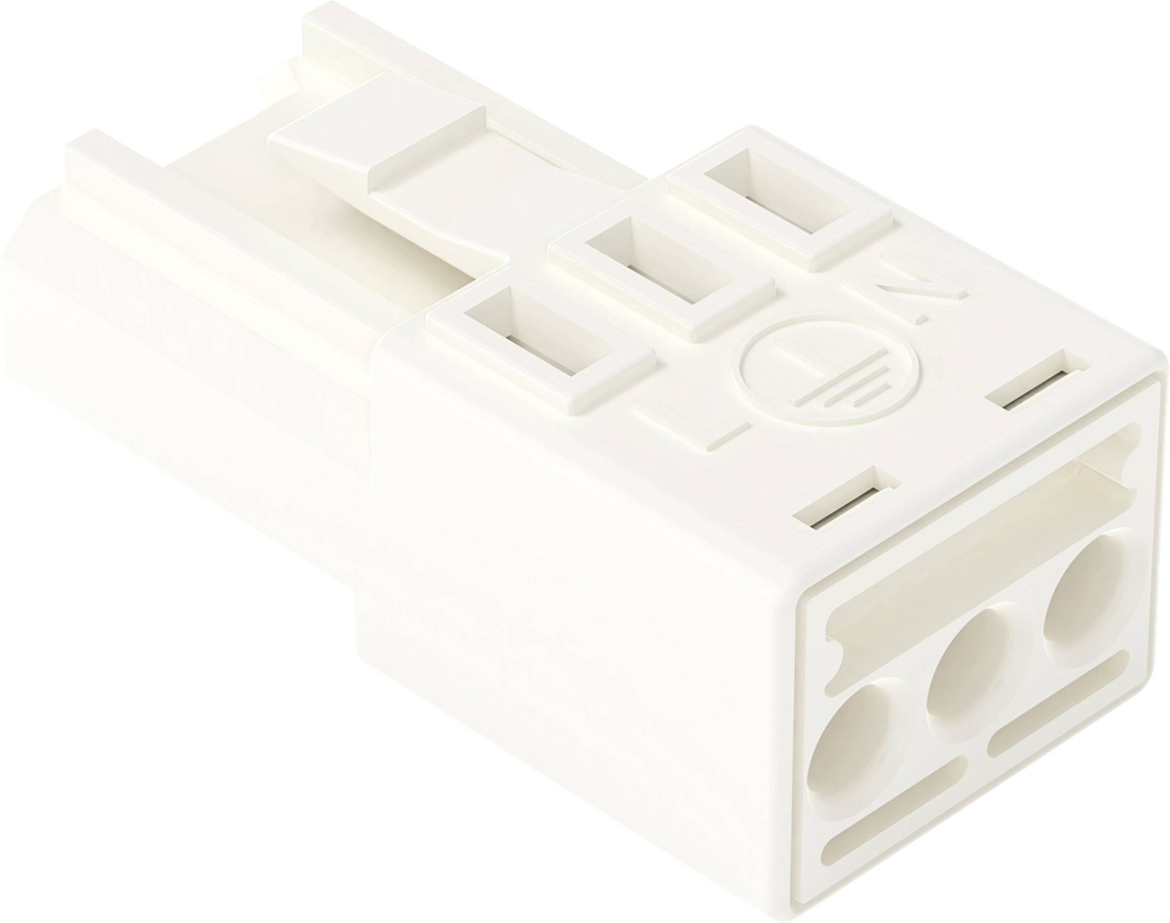 Un connecteur électrique blanc avec trois orifices et un mécanisme de verrouillage, utilisé pour joindre solidement les fils dans les appareils électroniques.