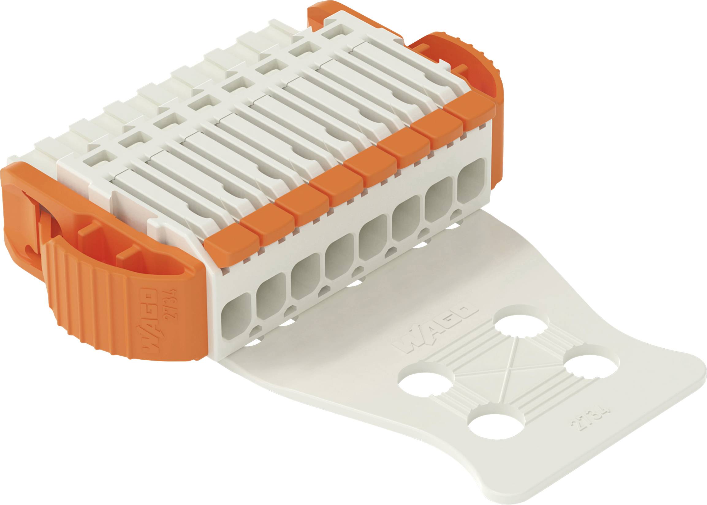 Wago 221-2411' support de montage ouvert pour 10 connecteurs, fabriqué en plastique blanc et orange, montrant des emplacements individuels et un mécanisme de verrouillage.