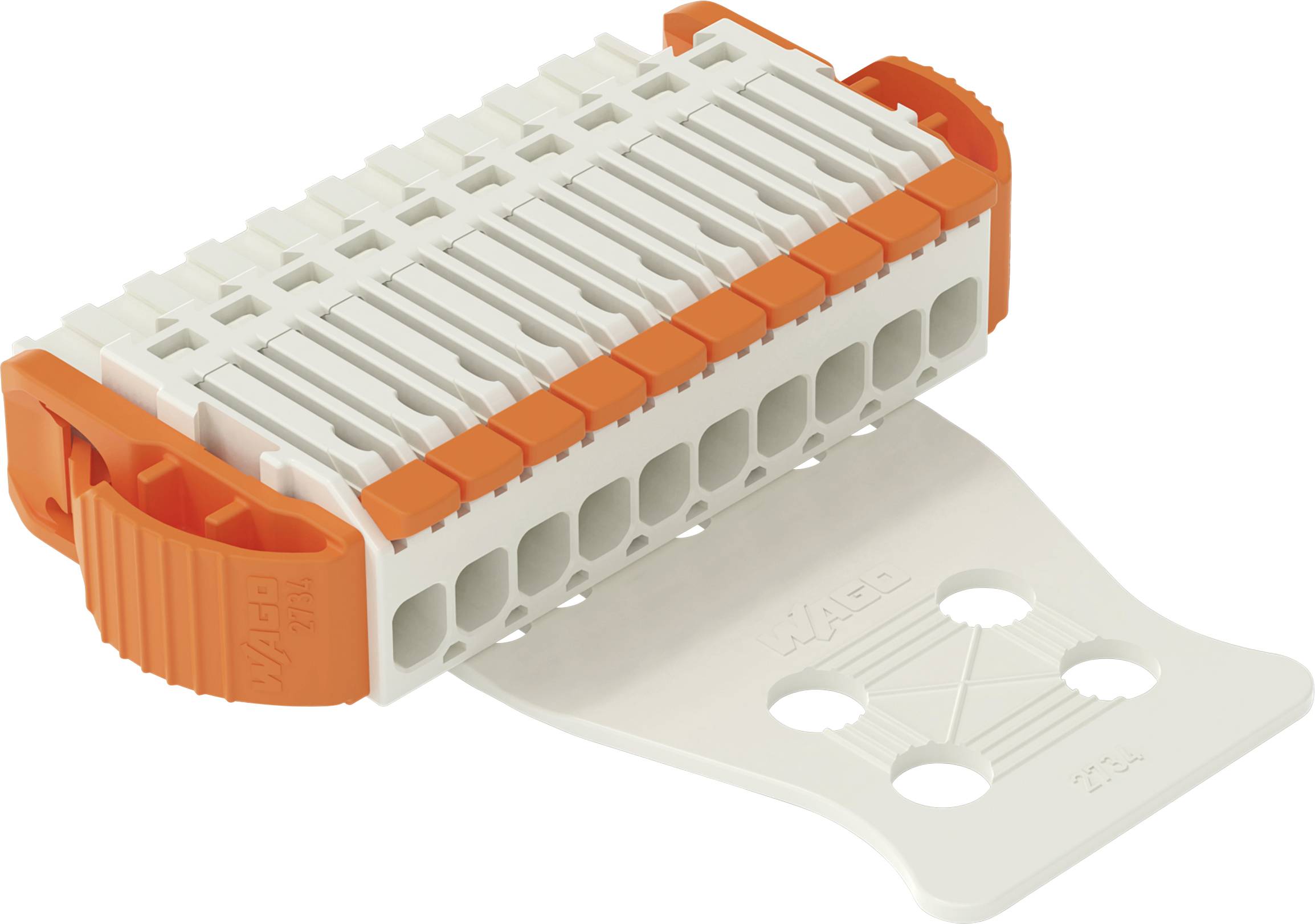 Un bloc de connecteur électrique blanc et orange avec plusieurs fentes. Il a un volet articulé avec des trous, probablement utilisé pour l'organisation ou le montage.