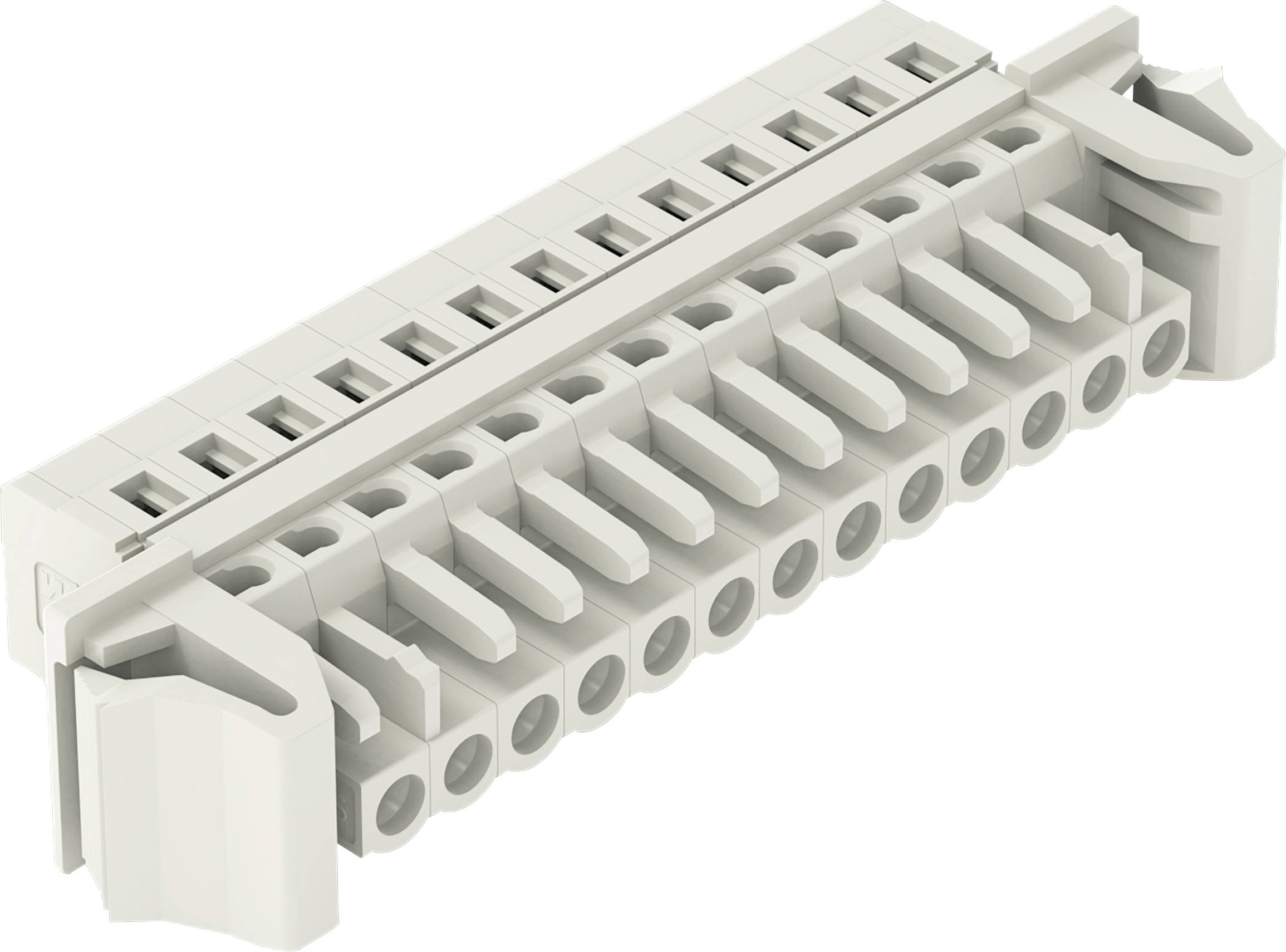 Une image rapprochée d'un bloc de bornes électriques blanc avec plusieurs points de connexion, conçu pour la terminaison des fils dans les systèmes électriques.