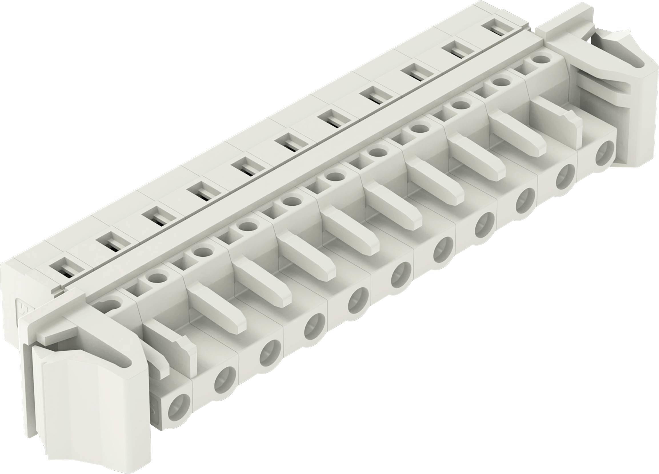 Un bloc de bornes électriques blanc avec plusieurs ports de connexion. Conçu pour un câblage électrique sécurisé. Vue latérale montrant les clips de verrouillage.
