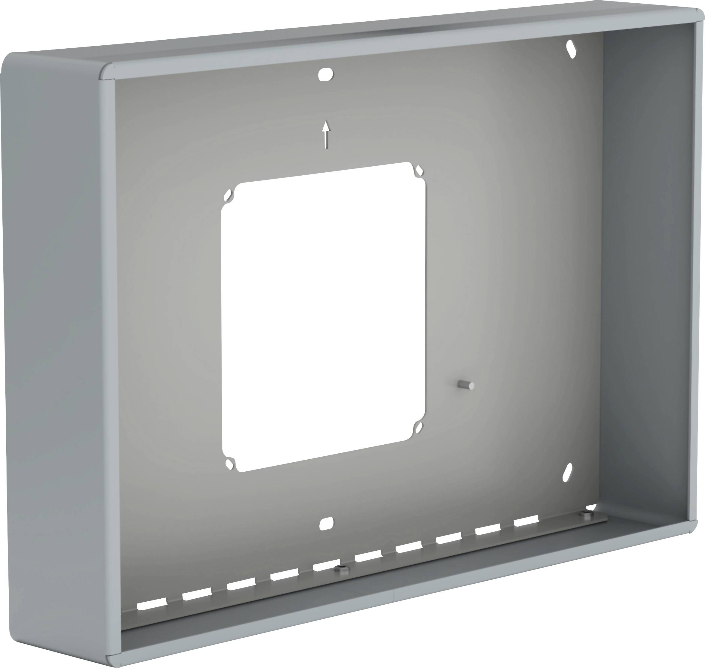 Un cadre de boîte métallique rectangulaire avec des trous de montage et une grande découpe centrale, probablement destiné à loger des composants électroniques ou mécaniques.