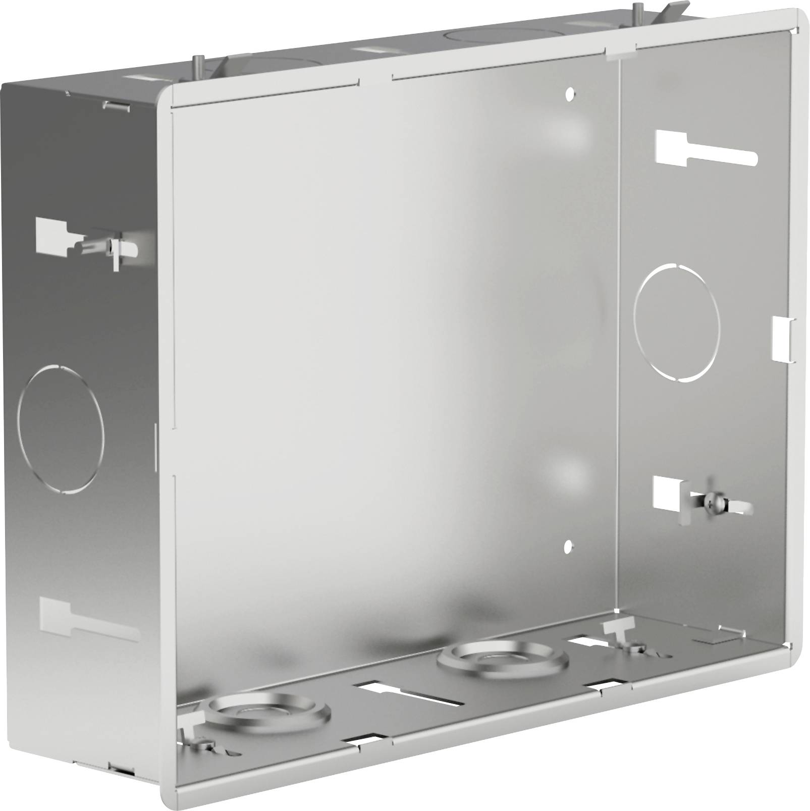 Une boîte électrique en métal argenté de forme rectangulaire avec plusieurs découpes circulaires sur les côtés et le fond pour l'installation du câblage.
