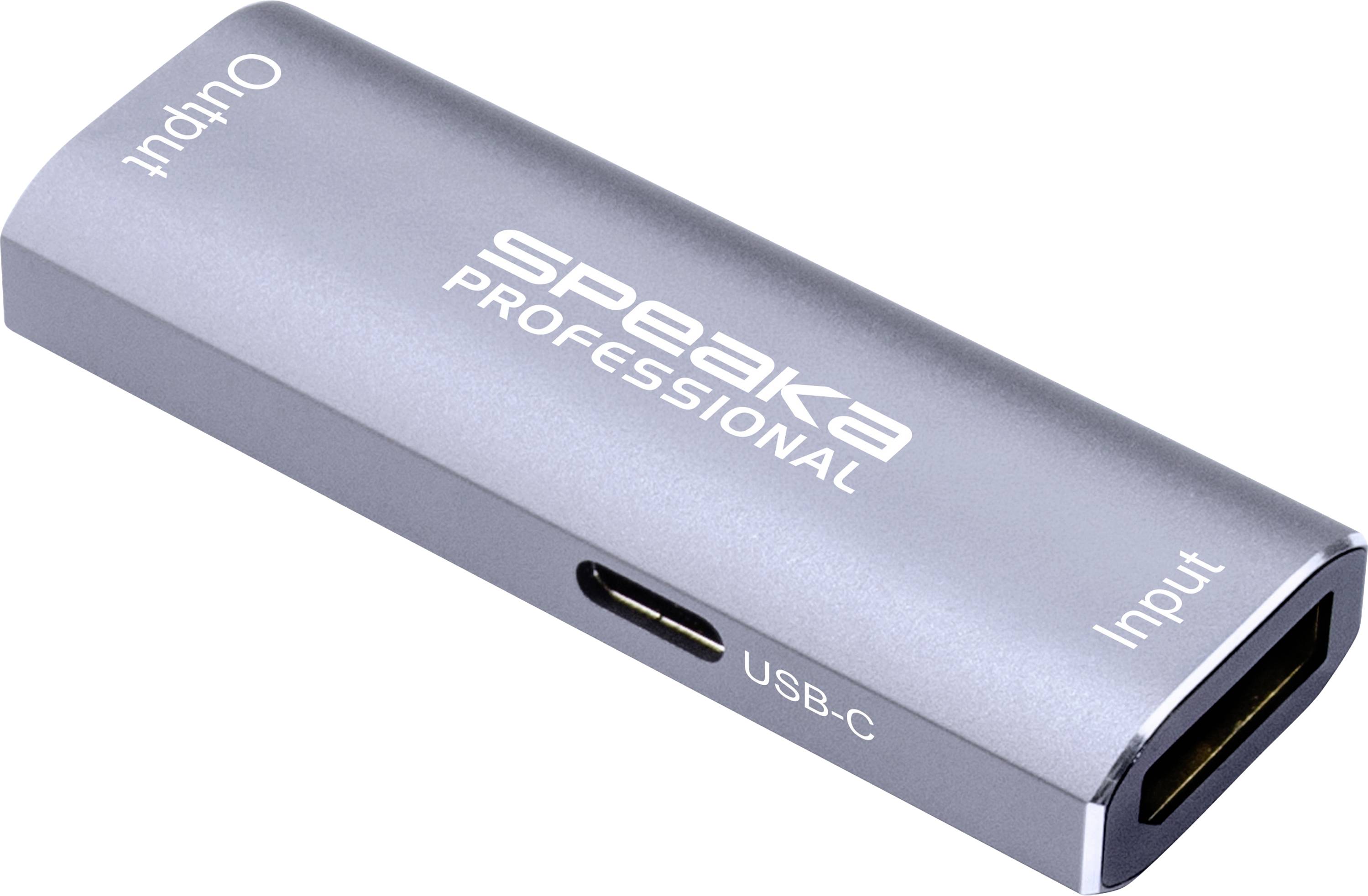 Adaptateur USB-C professionnel Silver SpeaKa avec entrée étiquetée, sortie et port USB-C sur fond blanc