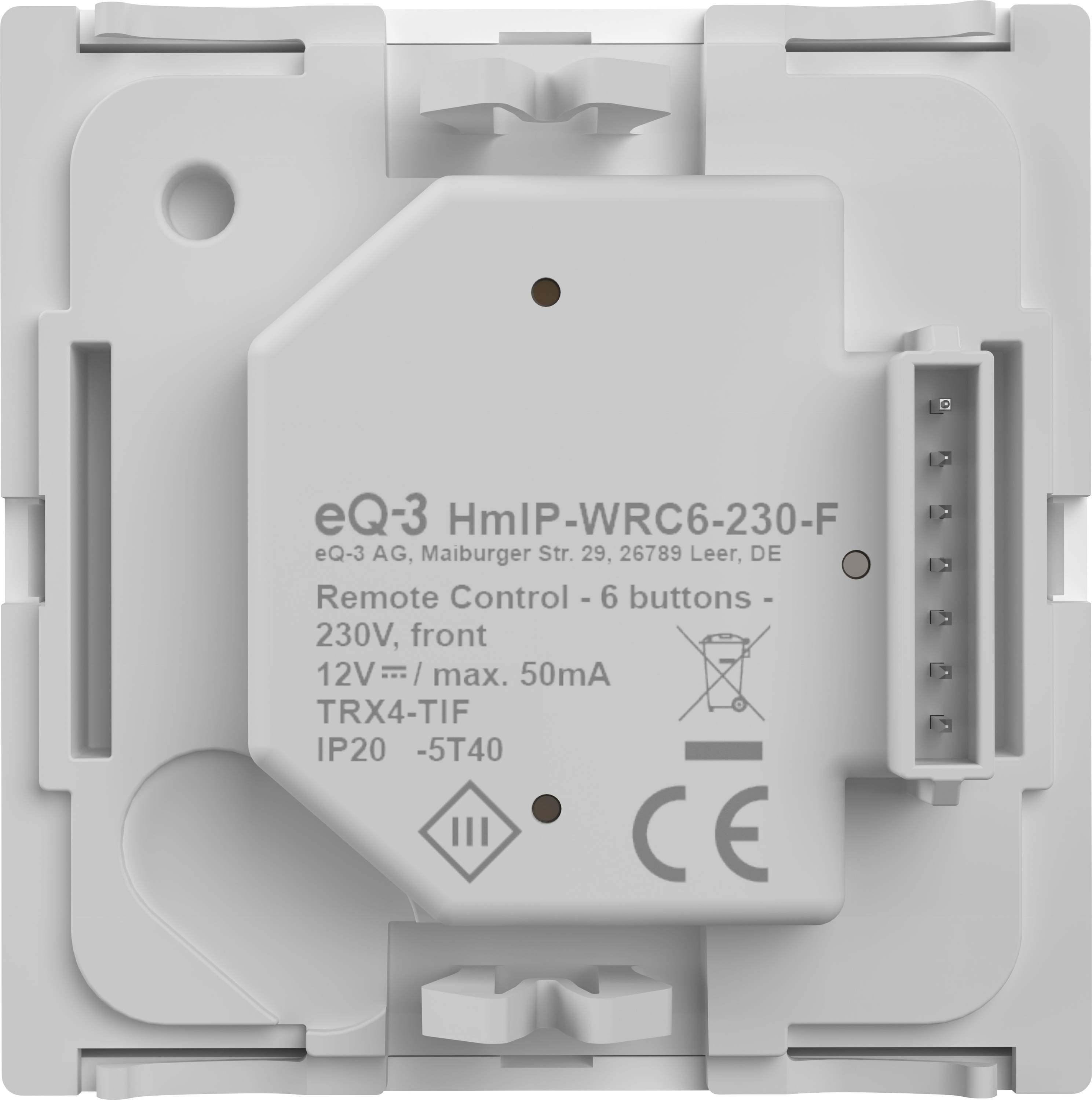 « Vue arrière d'une télécommande modèle eQ-3 HmIP-WRC6-230-F affichant les spécifications 230V, 50mA, 6 boutons et les informations de connexion. »