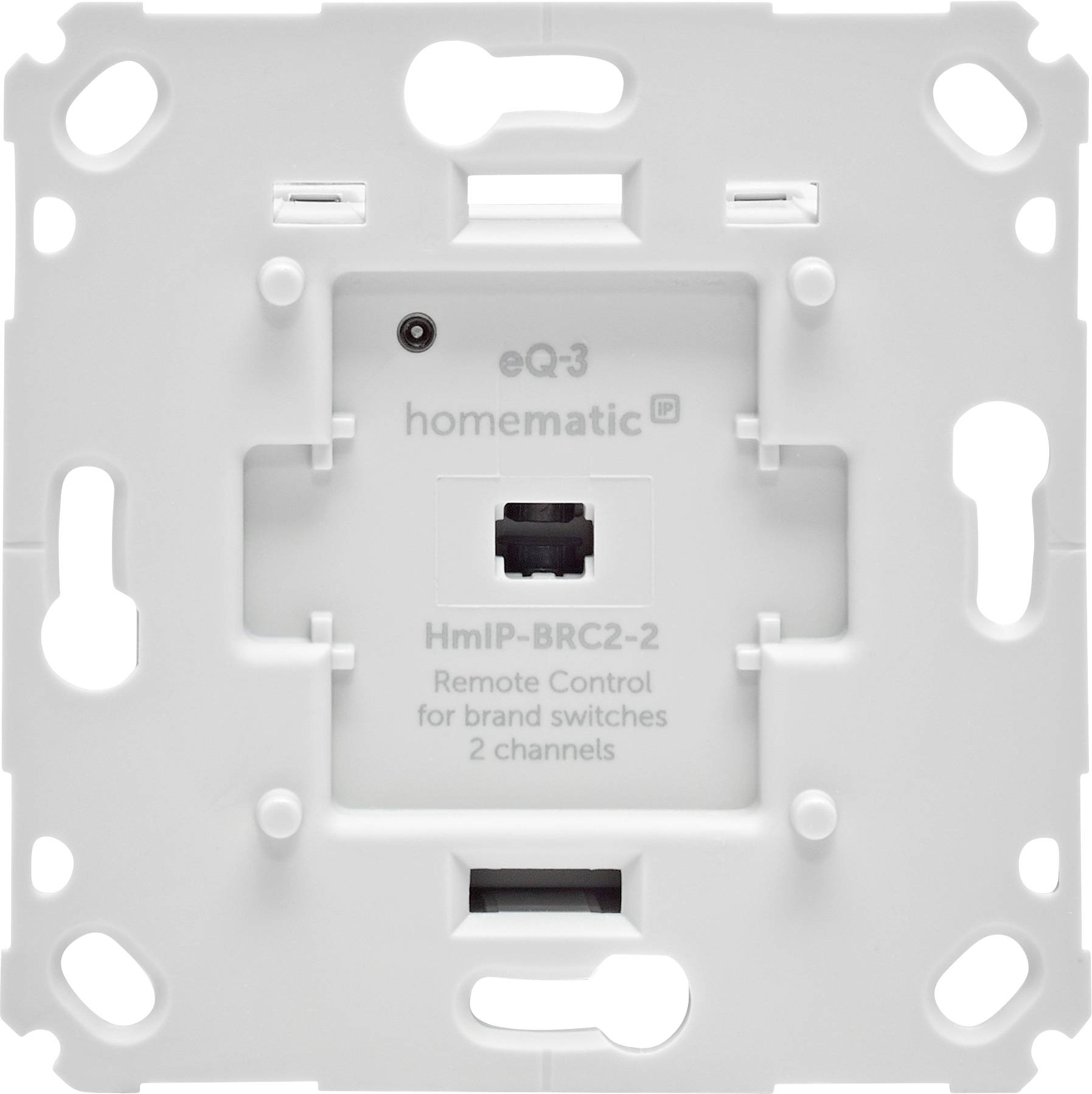 Une base de commutateur mural électronique blanc étiqueté 'eQ-3 Homematic IP, HmIP-BRC2-2, Télécommande pour commutateurs de marque, 2 canaux.'