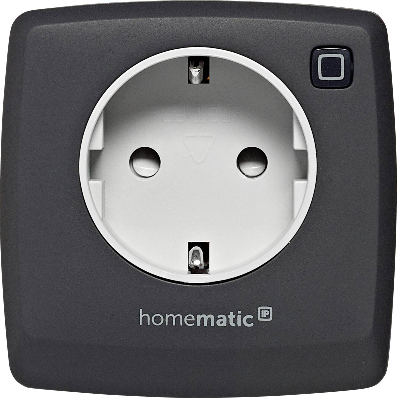 Une prise intelligente noire avec un intérieur blanc et un petit bouton en haut à droite, marquée « homematic IP ».