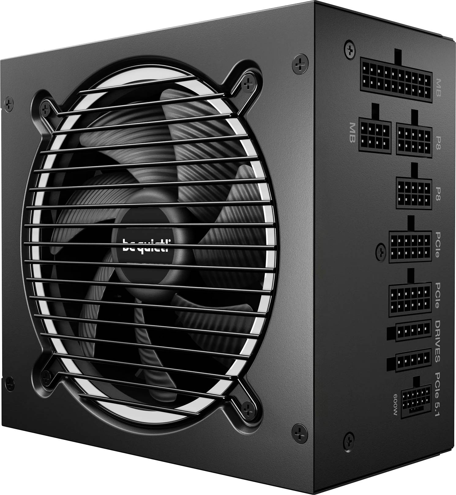 Un bloc d'alimentation informatique noir avec un grand ventilateur sur le côté gauche et plusieurs ports étiquetés sur le côté droit pour divers composants informatiques.