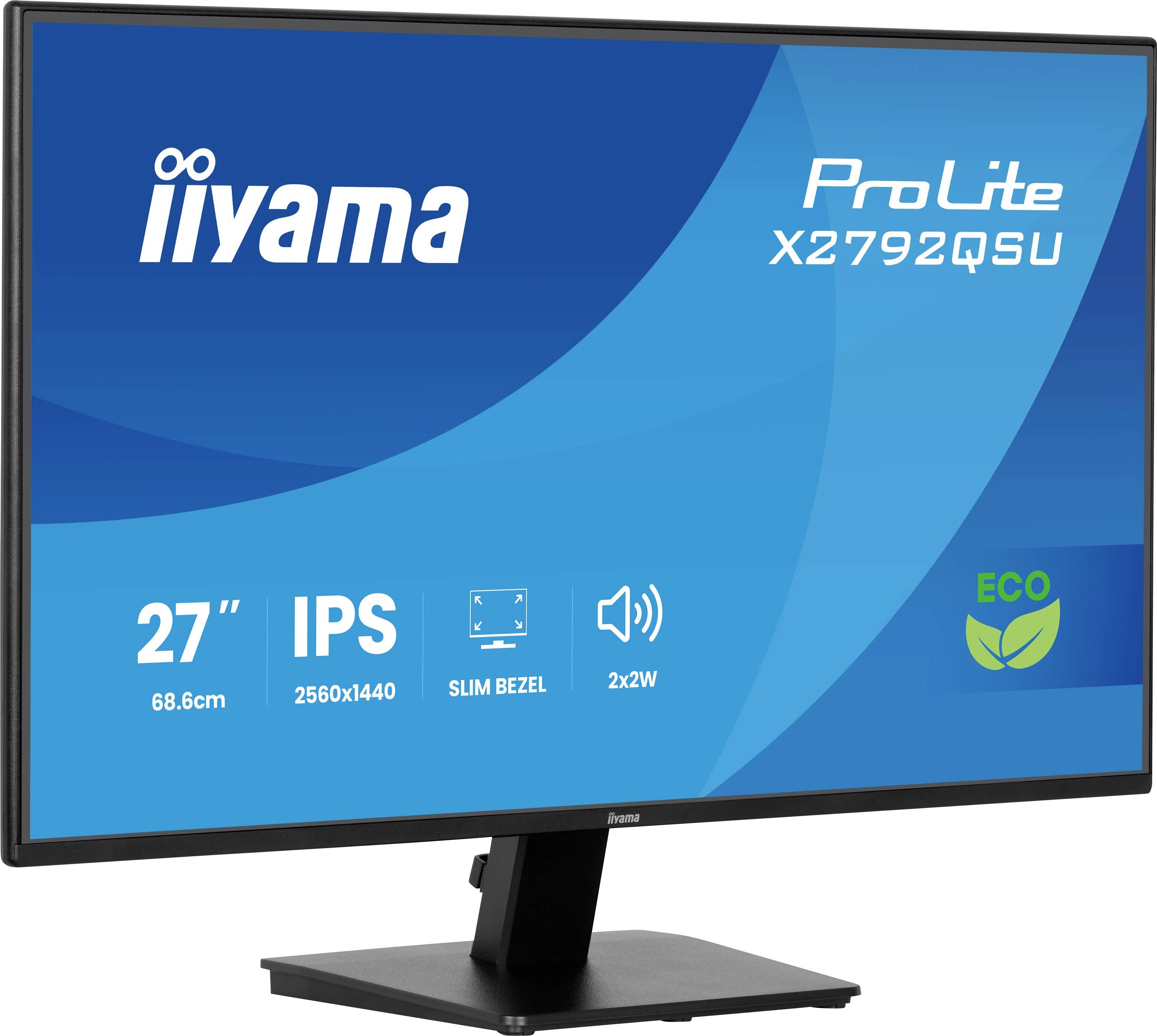 Moniteur 'Iiyama ProLite X2792QSU', 27 pouces, résolution 2560x1440, écran IPS avec bordures fines, haut-parleurs 2x2W, label éco-responsable.