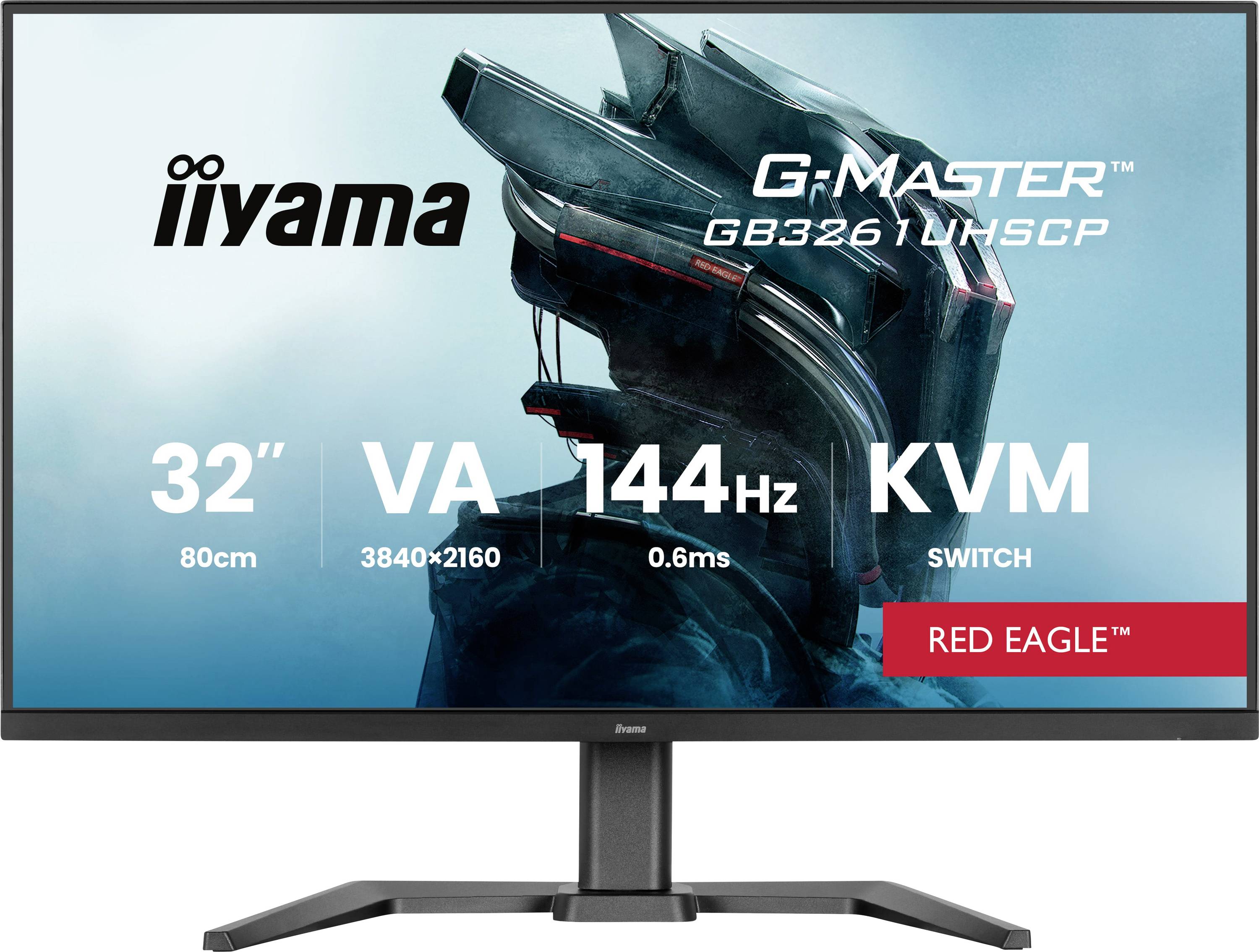 Moniteur de jeu 'Iiyama G-Master GB3261UHSCP' avec écran de 32 pouces, panneau VA, résolution 4K, performances de 144Hz, et commutateur KVM.