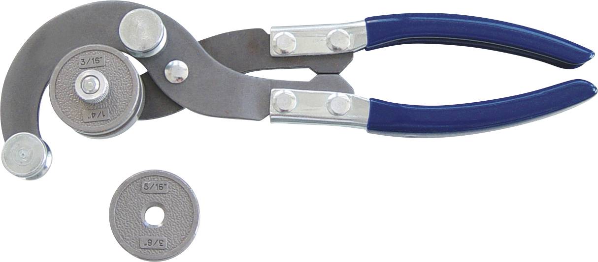 Un coupe-tube ou coupe-tuyau à poignée bleue avec des roues de coupe circulaires, conçu pour couper des matériaux fins. Une autre roue de coupe est placée à côté.