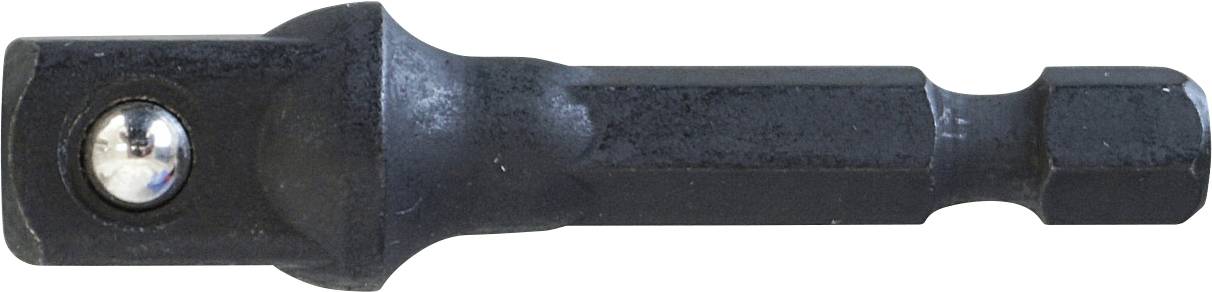 Adaptateur de douille métallique noir avec un carré de commande d'un côté et une tige hexagonale de l'autre, utilisé pour connecter les douilles aux perceuses.