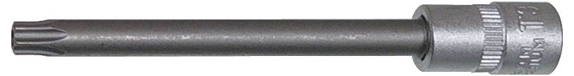 Une image en gros plan d'un embout de douille Torx avec une finition métallique grise et des marquages numérotés sur le côté, utilisé pour serrer les vis.